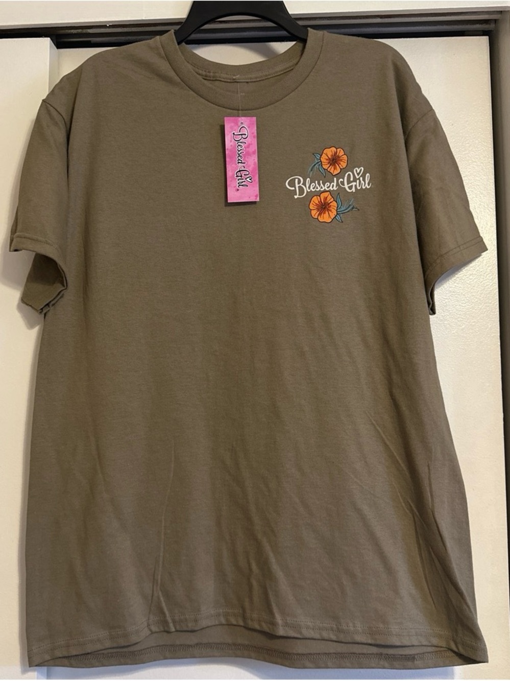 Blessed Girl Olive Green Short-Sleeve Tee with Orange Floral Graphic